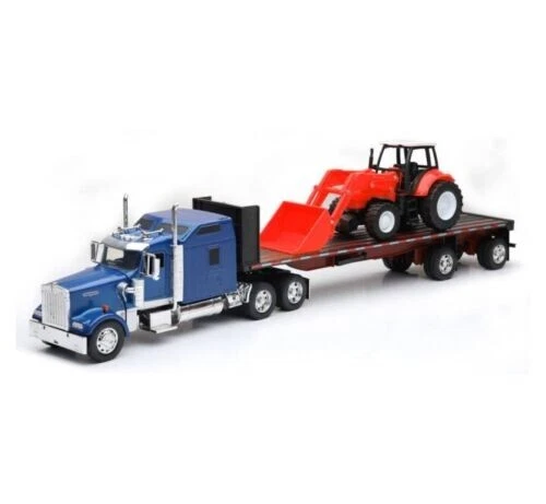 NEW RAY 1:32 KENWORTH W900 FLATBED WITH KUBOTA BLUE – RED SS-10373A - Image 3 of 3