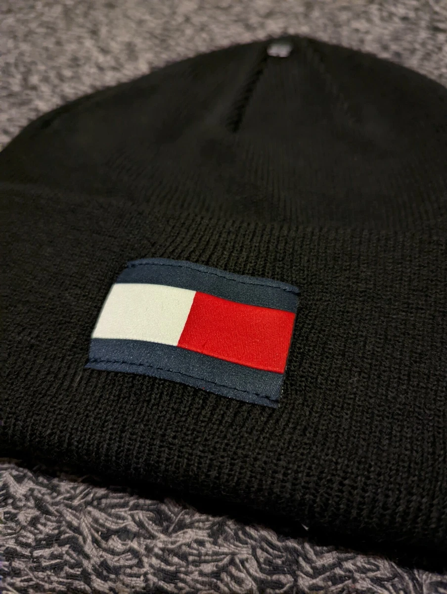 Tommy Hilfiger Winter Cuffed Acrylic Beanie Cap Hat Black White Red Patch Logo