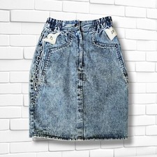 Acid Washed Denim Skirt Studded Embellished Painted Flowers Vintage 80s