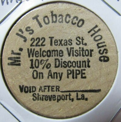Vintage Mr. J's Tobacco House Shreveport, LA Wooden Nickel - Token  Louisiana