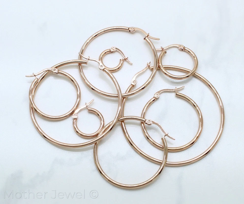 THIN LIGHTWEIGHT 14K ROSE GOLD IP ROUND HOOPS HOOP CIRCLE UNISEX EARRINGS - Изображение 2 из 4