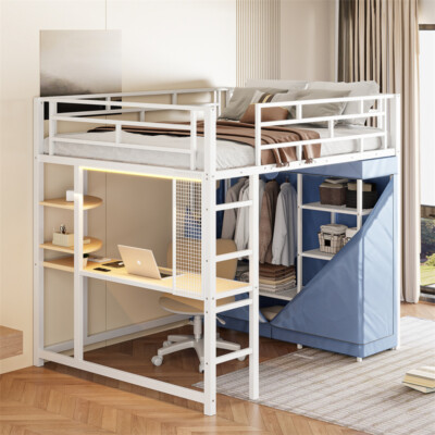 Full Size Loft Metal Bed w/Desk,LED Light & Fabric Wardrobe for Teens Adults