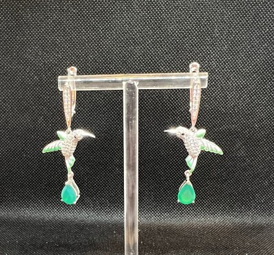 Enameled Hummingbirds,Emerald Stone Dangles, Sterling Silver New WOT