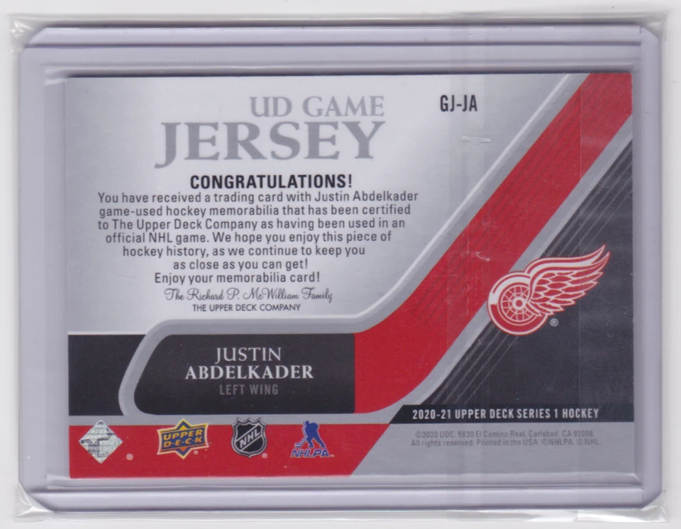 2020-21 UPPER DECK SERIES 1 UD GAME JERSEY JUSTIN ABDELKADER #GJ-JA RED WINGS - Image 2 of 2