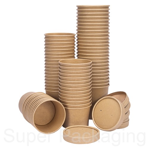 Kraft Soup Cup Containers With Lids - Disposable Paper Takeaway Tubs ...