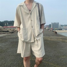 Men Summer Outfit 2-Piece Set Short Sleeve Shirt and Shorts Sweatsuit Set