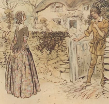 Arthur Rackham 1919 Tipped-In Print Handsome Gardener Woman Gate British Ballads