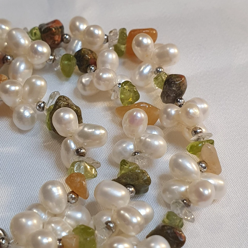 Baroque Pearl & Citrine, Jasper, Peridot Gemstones, Vintage Necklace 18" 45cm  - Image 4 of 4