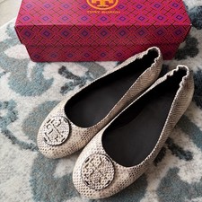 Tory Burch Stamped Snake Minnie Travel Ballet with Leather Logo Flats
