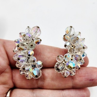 Vintage 1960s Aurora Borealis Faceted Bead Crecent Comma Climber Clip Earrings