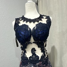 LUNNASS Gown Dress Navy Purple Paisley Lace Bodice High Neck Sleeveless 7