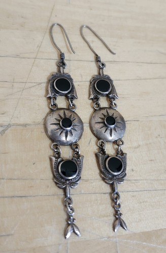 SOUTHWESTERN DANGLE BLACK ONYX STERLING SILVER EARRINGS STAMPED 925 8.23 GRAMS