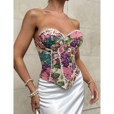 Vintage Style Floral Tapestry Corset Top Lace Up Bustier Pink Green Size M New