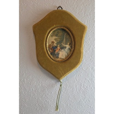 Vintage 60s Fragonard Style Courting Scene Velvet Shield Plaque Gold Frame Italy