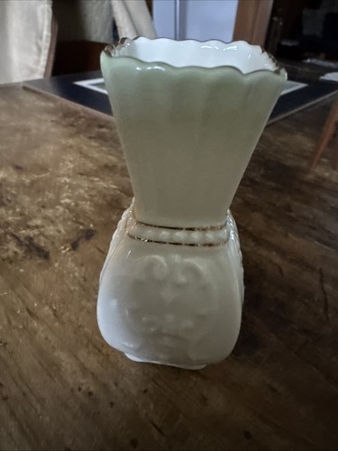 Vintage Irland Belleek Porzellan Min 4" Knospenvase grün getönt Goldrand SO SCHÖN!!