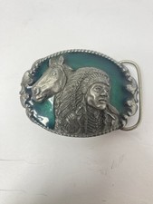 Siskiyou Belt Buckle American Indian Chief Joseph Horse 1990 Vintage Enamel