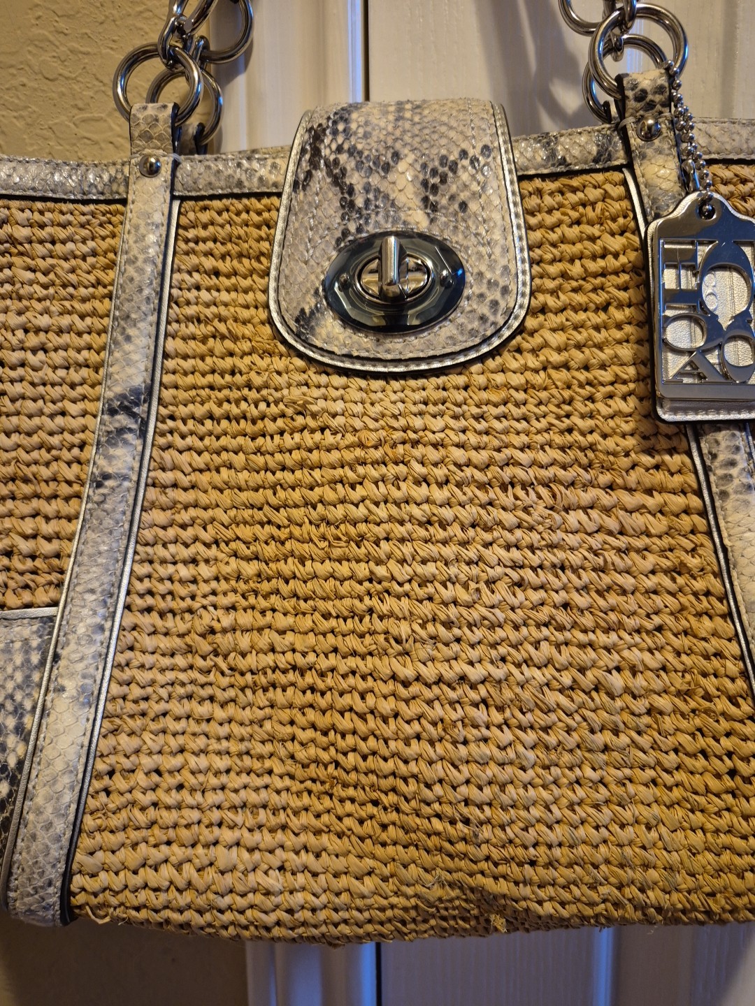 Coach Hampton Straw & Python Snakeskin Leather Tr… - image 13