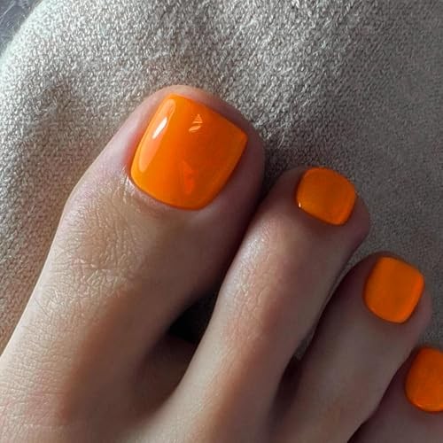 Neon Orange Press on Toes Nails Short Square, Solid Fake Toe