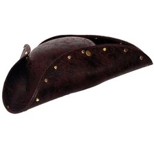ADULT BROWN FAUX LEATHER COLONIAL PIRATE STUDDED TRI-CORNER TRICORN COSTUME HAT