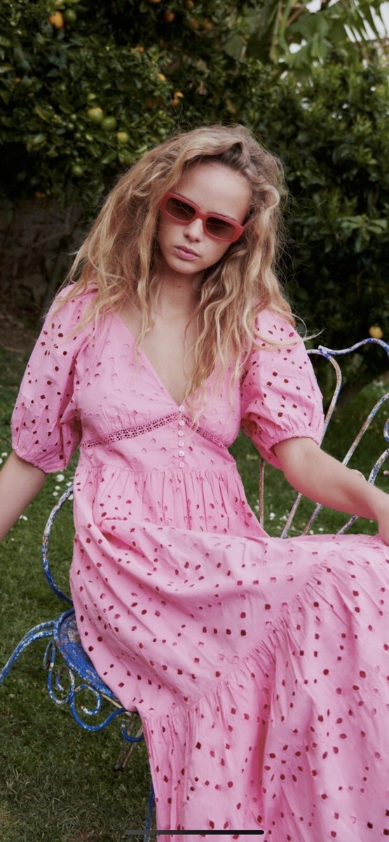 zara pink eyelet dress Zara Womens Puff Sleeve Ruffle Eyelet Embroidery Midi Dress Pink Sz XS