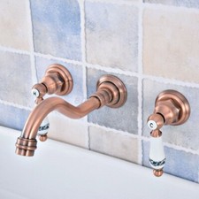 Red Copper Bathroom Faucet Wall Mounted Double Handles 3 Holes Basin Mixer Tap