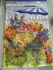 Spring Floral Garden Flag With Umbrella And Cart, New, 12x18”, Breeze Art