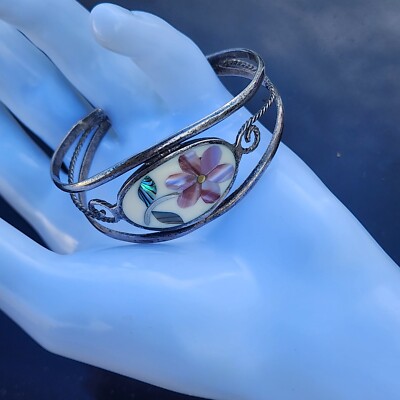 Vintage Alpaca Mexico Silver Tone Bracelet Abalone Pink Flower