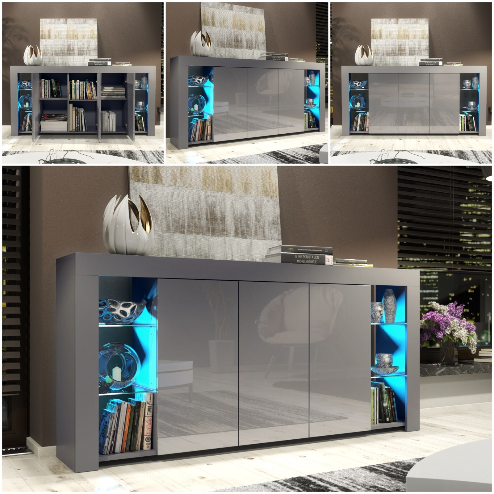 Sideboard 164cm | Dark Grey | Modern Stand | Grey Gloss Doors | Free LED ⭐⭐⭐⭐⭐