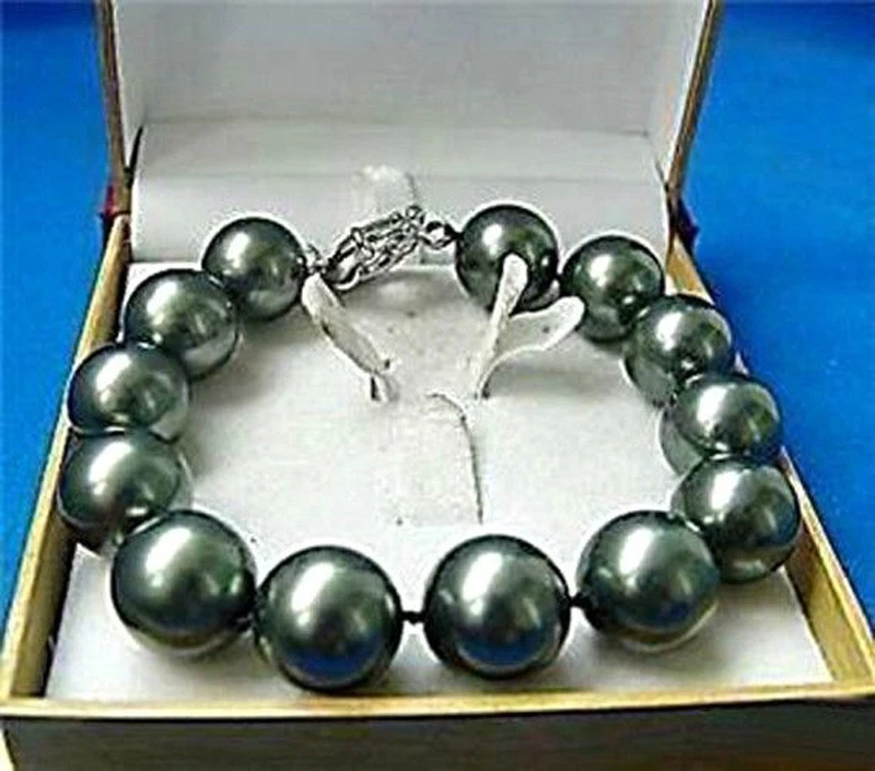 ¡GRANDE! Brazalete nudo cuentas redondas con concha de perlas del Mar del Sur negro de Tahití de 14 mm 8"" AAA+ Foto 3 de 3
