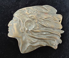 1970s Native American Indian Chief Head Cutout Brass Belt Buckle