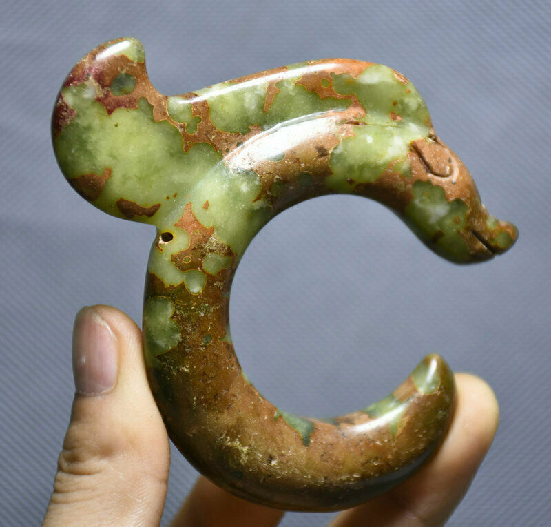 9CM Old Chinese Hongshan Culture Green Jade Yu Pig Dragon Hook Amulet