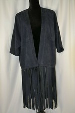 Set Urban Deluxe Open Front Suede Leather Jacket Size 6 Fringed Bottom Blue Boho
