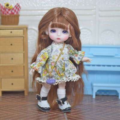 Fashion 1/8 Ball Jointed Body Girl Dolls with Brown Hair Cute Dress Lifelike DIY