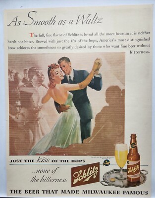 1943 Schlitz Beer Couple Dancing Waltz Original Print Ad Life Magazine 40s