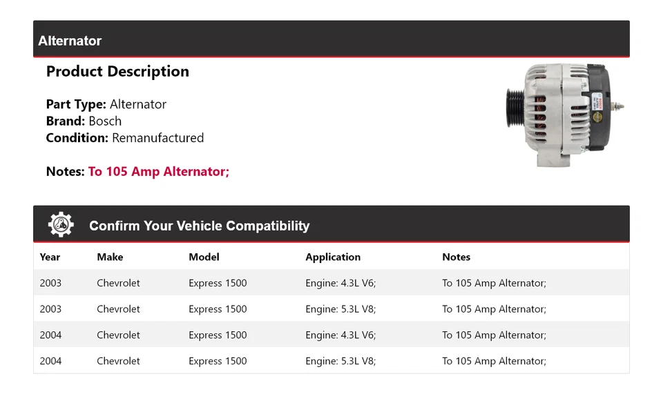 Alternador Bosch Chevrolet Express 1500 2003-2004 (remanufacturado) Foto 2 de 4