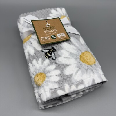 2pc Deborah Connolly Bumble Bee Hand Towel Set Gray Daisy Floral Summer Textured