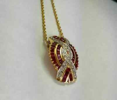 14k Yellow Gold Over 2.90Ct Ruby & Diamond Women's Pendant 18'' Chain Necklace