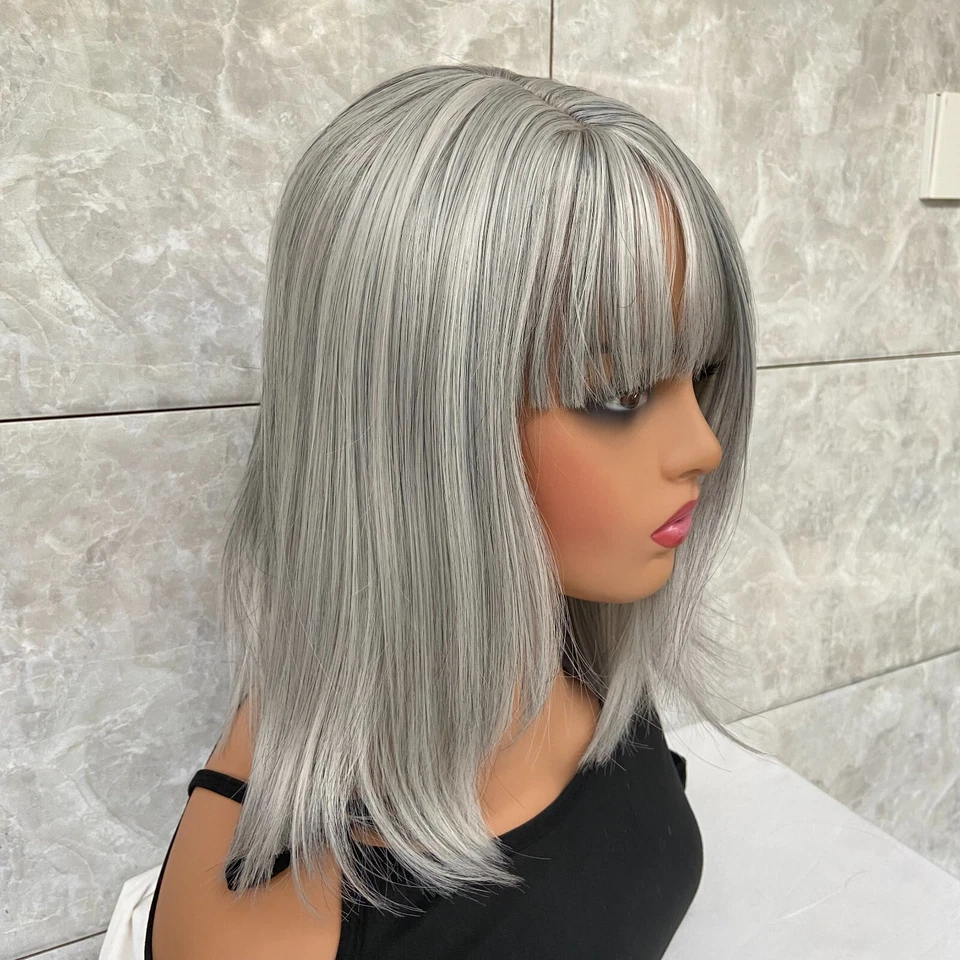 Парик средний прямой серебристый серый смесь синтетических волос женский мягкий натуральный с челкой - Изображение 3 из 4