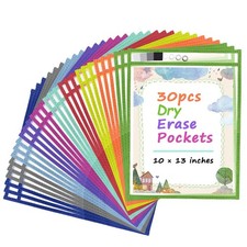 30 Pack Oversized Dry Erase Pockets Sleeves Reusable Ticket Holders, Clear Pl...