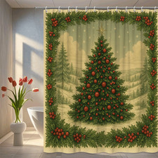 Christmas Tree Shower Curtain with Red Ornaments and Greenery