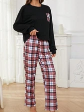 Women's Plaid Pajama Set With Long Sleeve Pocket Top And Relaxed Fit Elastic Wai