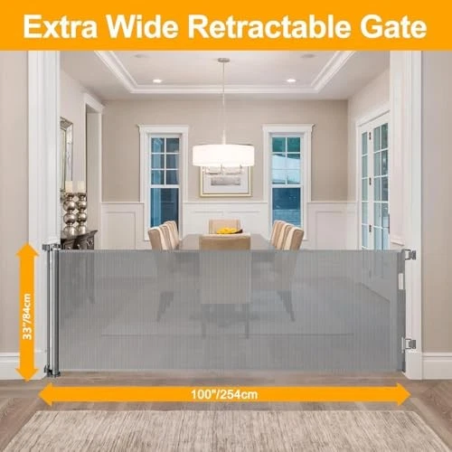 WOMHOM 100IN EXTRA WIDE BABY GATE LARGE OPENING RETRACTABLE 100 INCH LONG - GRAY
