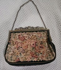 ANTIQUE Austrian Petit Point Floral EMBROIDERY PURSE ORNATE METAL FRAME