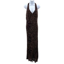 Adrianna Papell Evening Bronze Sequin Silk Halter Gown Open Back Brown Dress 12