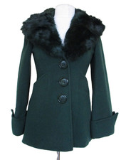 Vintage 60s/70s Jackie Stuart Dark Green Pea Coat Jacket Fur Collar XS Women