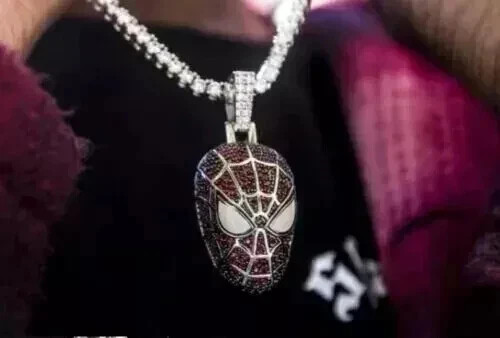 Lab Created 3CT Round Garnet Spiderman Face Men's Pendant 14K White Gold Plated