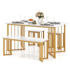 4PCS Dining Table Set Kitchen Table w/ Bench & 2 Stools Wing-shaped Metal Legs