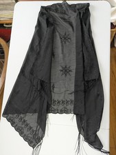 Wrap Scarf Fringe Shawl Black Sheer Tassel Witchy, Fairy, Goth, Y2K, Embroidered