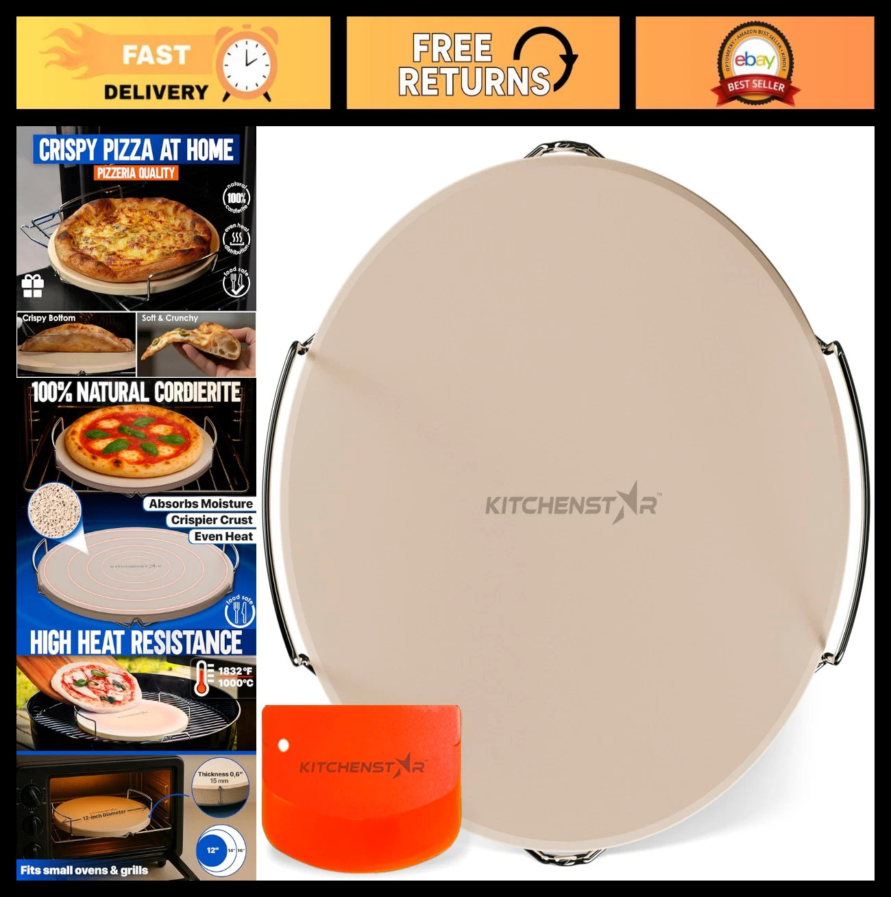 12" Round Pizza Stone for Oven & Grill, 5/8" Thick, Natural Cordierite, Includes