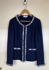 ST JOHN Collection Santana Knit Navy Wool Blazer Jacket Ruffle Trim Classic US14